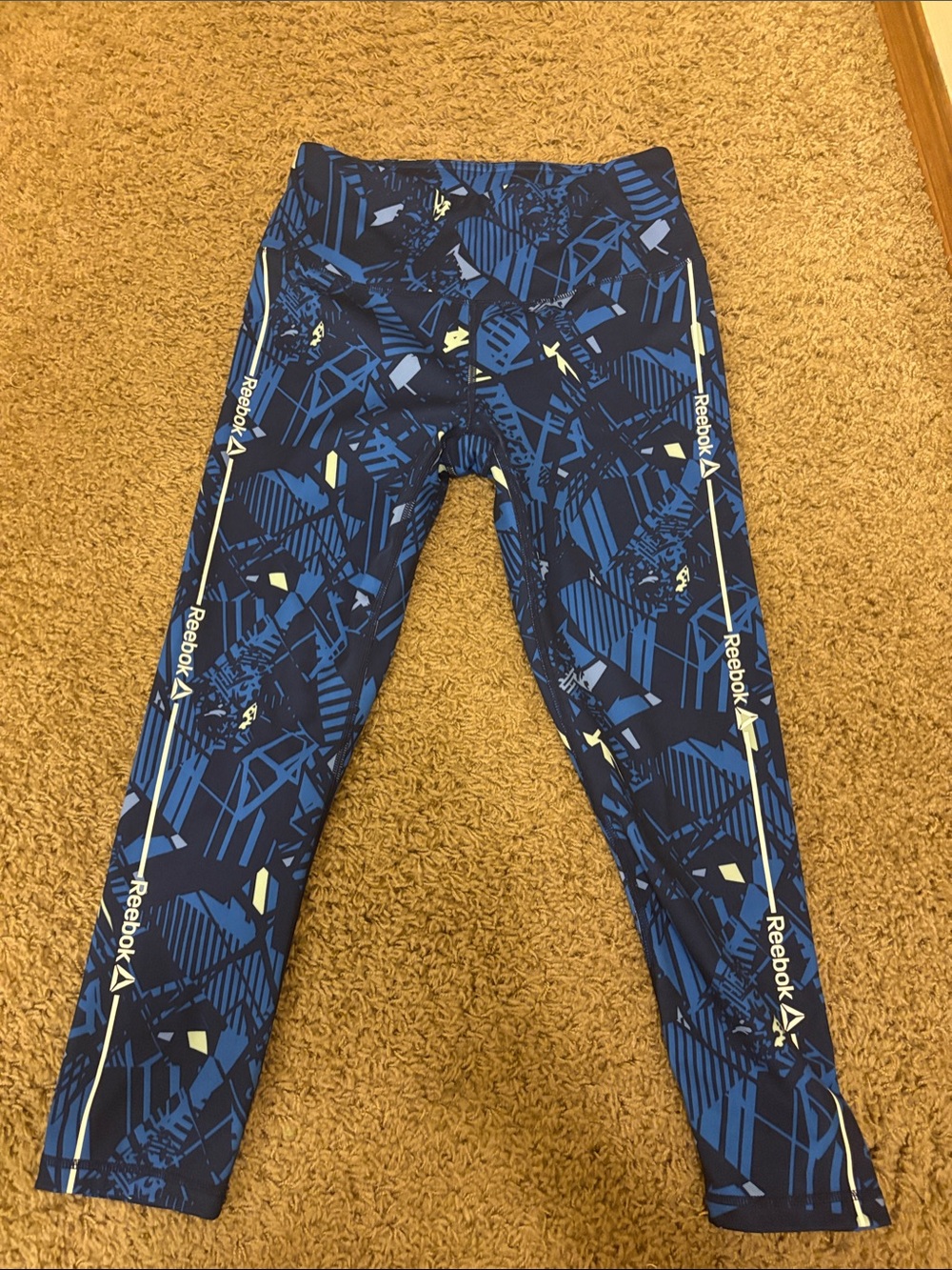Reebok Blue Geometric Print Girls' Leggings with White Logo Stripes